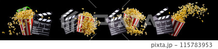 Paper bucket with popcorn, cup of drink and video game joystick on black Paper bucket with popcorn, cup of drink and video game joystick on black 115783953