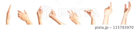 Set of woman hands showing different gestures, pointing and showing signs Set of woman hands showing different gestures, pointing and showing signs 115783970