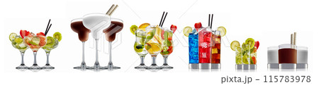 Set of cocktails with decoration from fruits isolated on white background 115783978