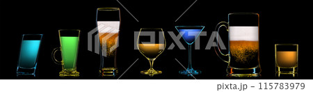 Silhouette of multicolor neon different glasses on black background Silhouette of multicolor neon different glasses on black background 115783979