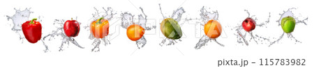 Group of fruits with water splash isolated on white background Group of fruits with water splash isolated on white background 115783982