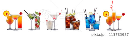 Set of cocktails with decoration from fruits isolated on white background 115783987