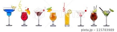 Set of cocktails with decoration from fruits isolated on white background 115783989