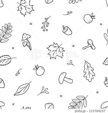 Seamless pattern of autumn elements. Vector illustration of leaves acorns mushrooms apple chestnut berries. 115784237