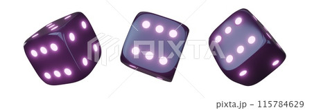 Casino gambling game dice. Iridescent dice with neon colors. Purple dice. 3d render 115784629