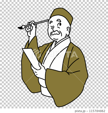 An old man in kimono contemplating haiku 115784862