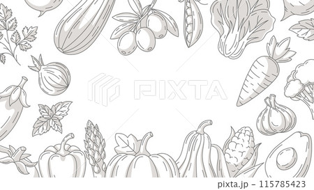 Fresh and healthy farm vegetables, vector minimalist horizontal banner, monochrome veggies icons frame. Space for text, isolated background. Organic product. For poster, menu, flyer, cover, invitation Fresh and healthy farm vegetables, vector minimalist horizontal banner, monochrome veggies icons frame. Space for text, isolated background. Organic product. For poster, menu, flyer, cover, invitation 115785423