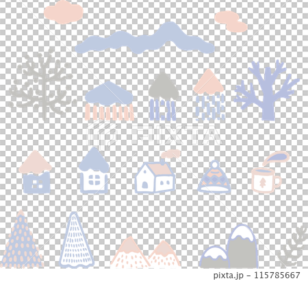 圖標，裝飾，裝飾，冬天，房子，樹，山，手繪，印刷品，郵票，簡單插畫素材集 115785667