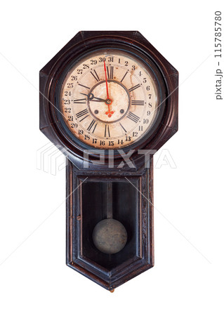 old clock, hanging antique wooden clock isolated on white background with clipping path old clock, hanging antique wooden clock isolated on white background with clipping path 115785780