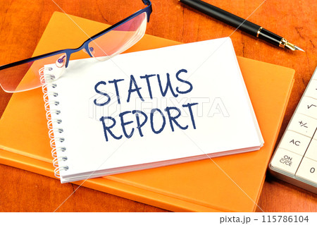 STATUS REPORT text inscription on the notebook lying on the notebook on the businessman's office desk STATUS REPORT text inscription on the notebook lying on the notebook on the businessman's office desk 115786104