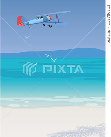 Retro plane flies over the beach. Vector. 115786213