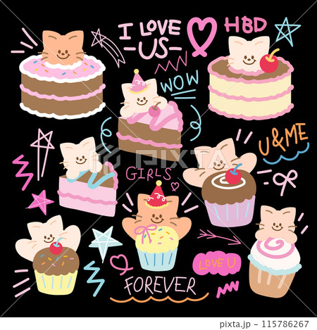 Cakes and cupcakes design with cat for cartoon character, comic, mascot, plush toy, doll, sweet dessert, cafe, Valentine's card, patches, stickers, pet, vet, food logo, icon, birthday party, print, ad Cakes and cupcakes design with cat for cartoon character, comic, mascot, plush toy, doll, sweet dessert, cafe, Valentine's card, patches, stickers, pet, vet, food logo, icon, birthday party, print, ad 115786267