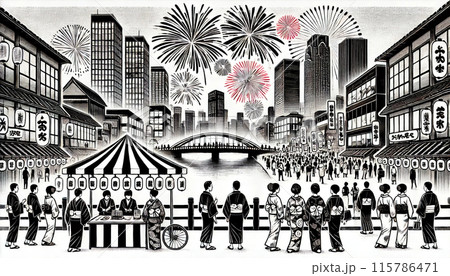 花火のあがる都市風景のイラスト（モノクロ） 115786471