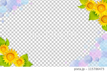 水彩風ひまわりと水玉のフレームイラスト(青系)文字なし 115786473