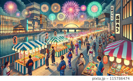 花火のあがる都市風景のイラスト 115786474