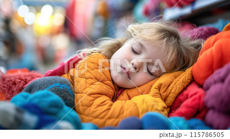 Child sleeping on colorful cushions. 115786505