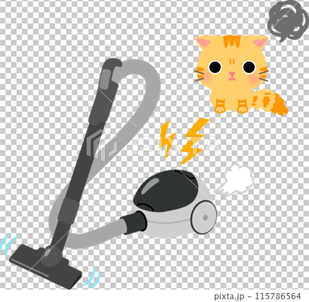 A running vacuum cleaner and a scared tabby cat 115786564