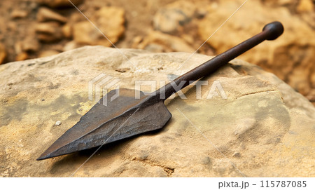 Ancient spearhead on rock, symbol of heritage. 115787085