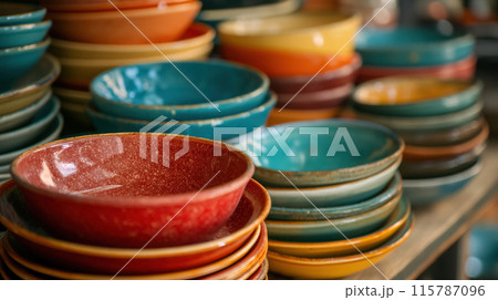 Stacks of colorful ceramic bowls on display. Stacks of colorful ceramic bowls on display. 115787096