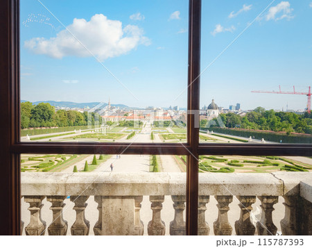 Wien, Austria - July 28, 2023: Belvedere Palace interior decorations. Baroque palace. view of park from palace window Wien, Austria - July 28, 2023: Belvedere Palace interior decorations. Baroque palace. view of park from palace window 115787393