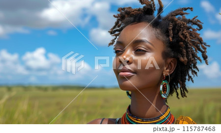 Juneteenth, a day for freedom. A beautiful black woman wearing a colorful Nilotic beaded necklace, standing in the savanna looking at the distant blue sky with white clouds. 115787468