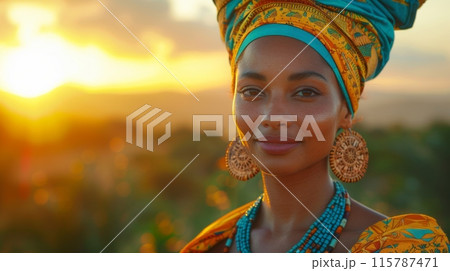 Black history month or Africa day. Beautiful African woman in style of ancient Egyptian style, wearing an intricate headdress and ornate jewelry, standing against the backdrop of mountains at sunset. Black history month or Africa day. Beautiful African woman in style of ancient Egyptian style, wearing an intricate headdress and ornate jewelry, standing against the backdrop of mountains at sunset. 115787471