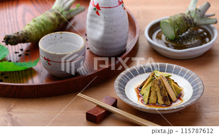 ツーンと辛い 本わさび（生山葵）の醤油漬け わさびのシャキシャキの食感がおもしろい一品 115787612