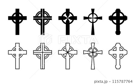 Celtic cross set, silhouette of religious Christian symbol, icon shape collection 115787764