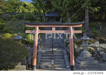 白髭神社の境内　上の宮に続く鳥居と石段　横構図 115787848