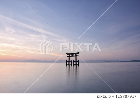 白髭神社 早朝の湖中大鳥居 横構図7 白髭神社 早朝の湖中大鳥居 横構図7 115787917