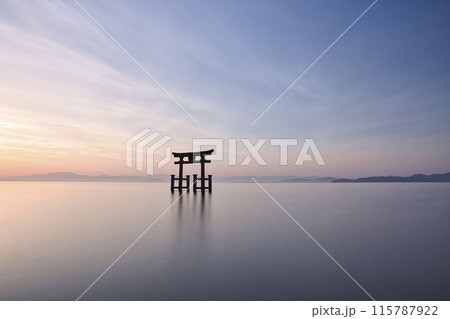 白髭神社　早朝の湖中大鳥居　横構図12 115787922
