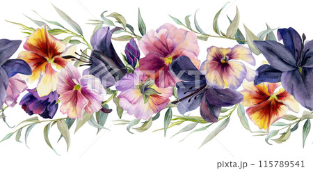 Hand drawn watercolor illustration boho botanical flowers leaves. Dark lily clivia amaryllis, pansy viola, willow eucalyptus. Seamless banner isolated white. Design wedding suite, love cards, shop Hand drawn watercolor illustration boho botanical flowers leaves. Dark lily clivia amaryllis, pansy viola, willow eucalyptus. Seamless banner isolated white. Design wedding suite, love cards, shop 115789541
