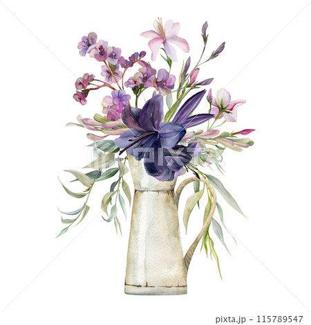 Hand drawn watercolor illustration botanical flowers leaves. Lily clivia amaryllis, bergenia heliotrope lungwort, pink lobelia jasmine, willow eucalyptus. Bouquet in jug isolated white. Wedding, cards Hand drawn watercolor illustration botanical flowers leaves. Lily clivia amaryllis, bergenia heliotrope lungwort, pink lobelia jasmine, willow eucalyptus. Bouquet in jug isolated white. Wedding, cards 115789547