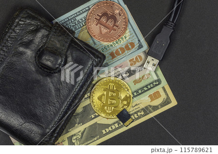 Coin purse with cash, two coins Bitcoin, flash drive and USB connector 115789621