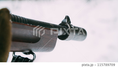 Usa Soldier With Old Thompson Sub-machine Gun. Close-up View Detail On Thompson Sub-machine Gun In Hands Of Re-enactor Dressed As American Infantry Soldier. Usa Army Soldiers Of World War Ii 115789709