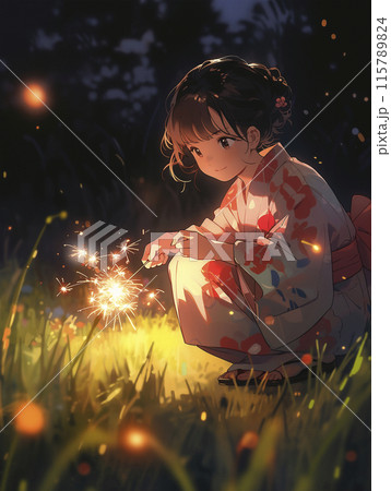 夜の公園で線香花火をする浴衣姿の女性のイラスト素材 [115789824] - PIXTA