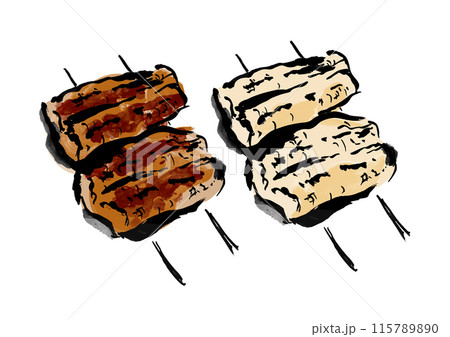 串に刺したうなぎの蒲焼きと白焼きの手書きの和風筆書きイラスト 115789890
