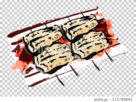 A hand-drawn Japanese-style brush-drawn illustration of skewered eel grilled over charcoal 115789892