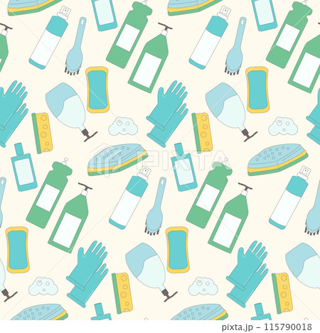 Seamless cleaning supplies pattern with a soft color palette of blues, greens, and yellows, featuring items like spray bottles, gloves, sponges, and soap suds. Vector outline flat illustration. 115790018