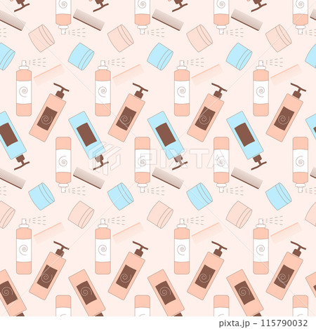 Seamless pattern dedicated to hair care, featuring a harmonious arrangement of hair products, tools. Holistic approach to hair beauty and health. Vector outline flat illustration. 115790032