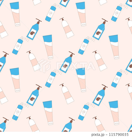 Hair care and styling products seamless pattern. Bottles of gel, shampoo repeat background. Vector outline flat illustration. Hair care and styling products seamless pattern. Bottles of gel, shampoo repeat background. Vector outline flat illustration. 115790035