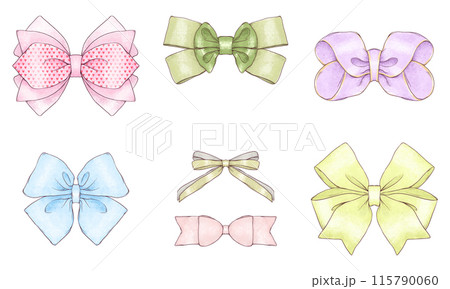 Hand Drawn Ribbon Bow Illustrations, Collection of Colorful, Sketch,Texture Bows in Various Shapes and Sizes Hand Drawn Ribbon Bow Illustrations, Collection of Colorful, Sketch,Texture Bows in Various Shapes and Sizes 115790060