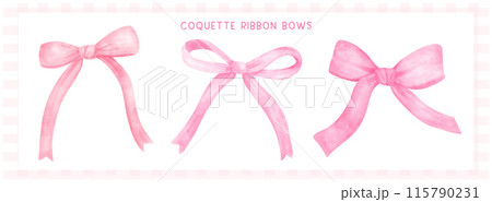 Cute Coquette pink ribbon bows banner Preppy Aesthetic Vintage watercolor illustraion set 115790231