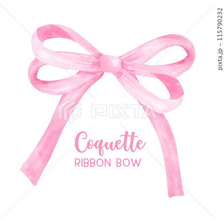 Cute Coquette pink ribbon double bow in Preppy Aesthetic Vintage watercolor illustraion. 115790232