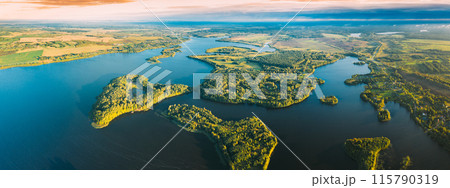 Lyepyel, Lepel Lake, Beloozerny District, Vitebsk Region. Aerial View Of Lyepyel Cityscape Skyline In Autumn Morning. Morning Fog Above Lepel Lake. Top View Of European Nature From High Attitude In Lyepyel, Lepel Lake, Beloozerny District, Vitebsk Region. Aerial View Of Lyepyel Cityscape Skyline In Autumn Morning. Morning Fog Above Lepel Lake. Top View Of European Nature From High Attitude In 115790319