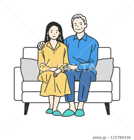 ソファに座る若い女性とシニア男性の家族 ソファに座る若い女性とシニア男性の家族 115790336