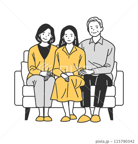 ソファに座る若い女性とシニア夫婦の家族 115790342