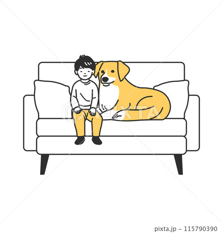 ソファに座る男の子とペットの犬 115790390
