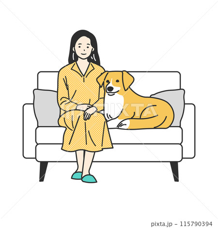 ソファに座る若い女性とペットの犬 ソファに座る若い女性とペットの犬 115790394