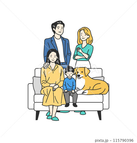 ソファに座る2世代家族とペットの犬 ソファに座る2世代家族とペットの犬 115790396
